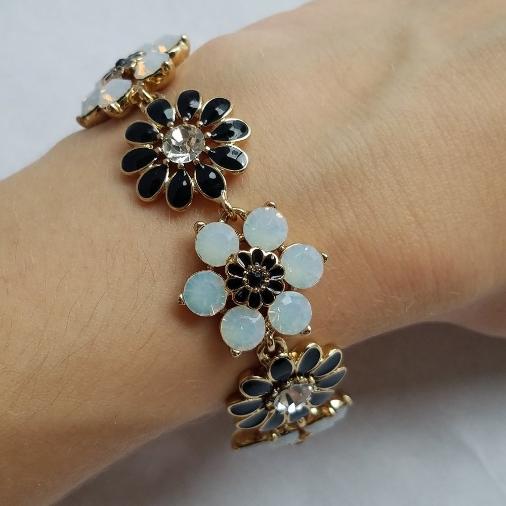 Napier Rhinestone Enamel Flower Bracelet Black